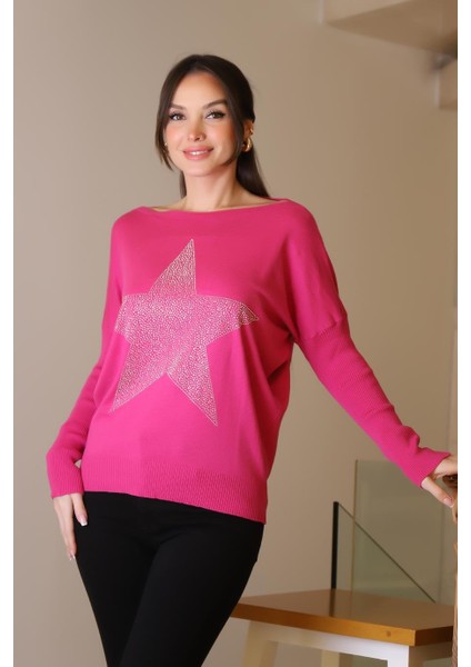 Taşlı Yıldız Baskılı Fuşya Kadın Triko Kazak 602-2K5 modelleri
