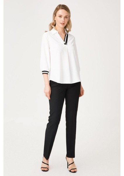 Gömlek Yaka Yarım Kollu Ekru Kadın Bluz 1025-2K5