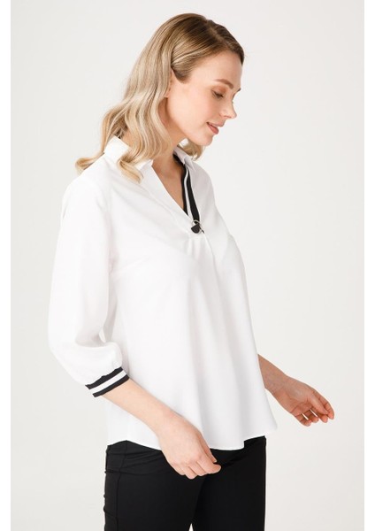 Gömlek Yaka Yarım Kollu Ekru Kadın Bluz 1025-2K5 modelleri