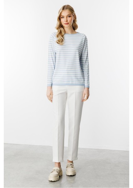 Sıfır Yaka Çizgili Mavi Ekru Kadın Bluz 20177-2Y5