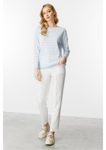 Sıfır Yaka Çizgili Mavi Ekru Kadın Bluz 20177-2Y5 fiyatları
