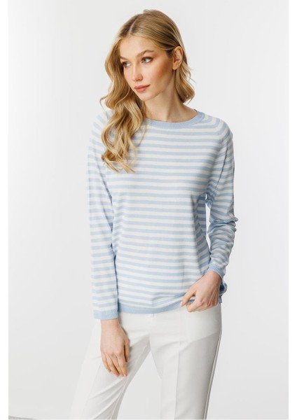 Sıfır Yaka Çizgili Mavi Ekru Kadın Bluz 20177-2Y5 modelleri