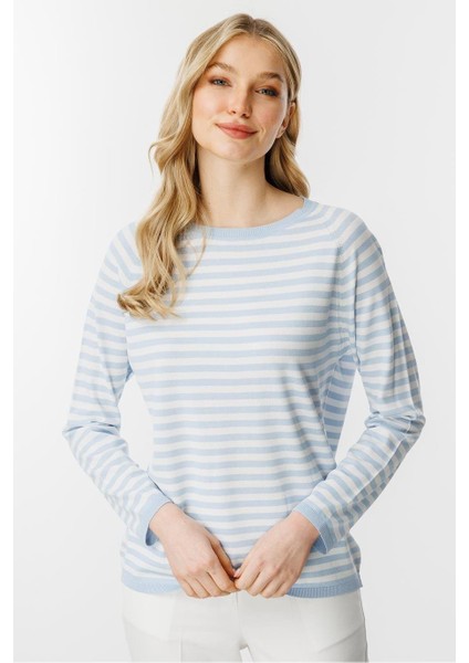 Sıfır Yaka Çizgili Mavi Ekru Kadın Bluz 20177-2Y5 fırsatları