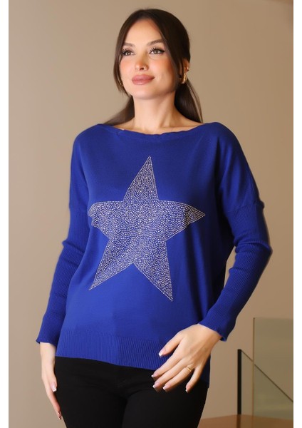 Taşlı Yıldız Baskılı Saks Kadın Triko Kazak 602-2K5