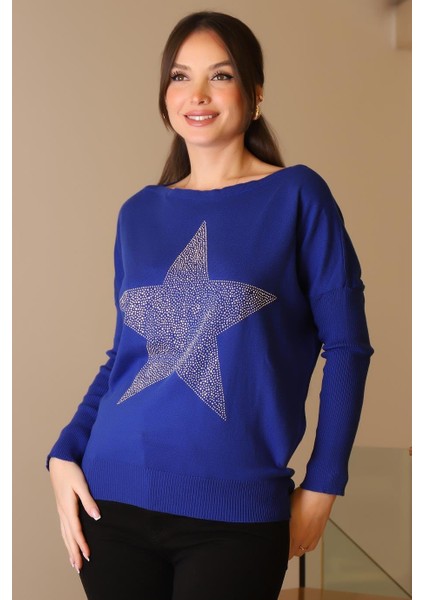 Taşlı Yıldız Baskılı Saks Kadın Triko Kazak 602-2K5 fiyatları
