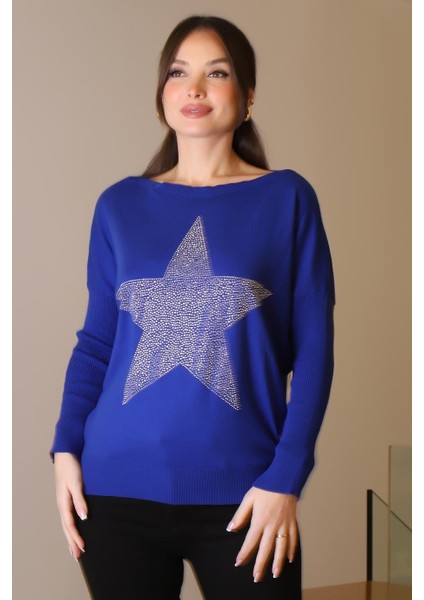 Taşlı Yıldız Baskılı Saks Kadın Triko Kazak 602-2K5 modelleri