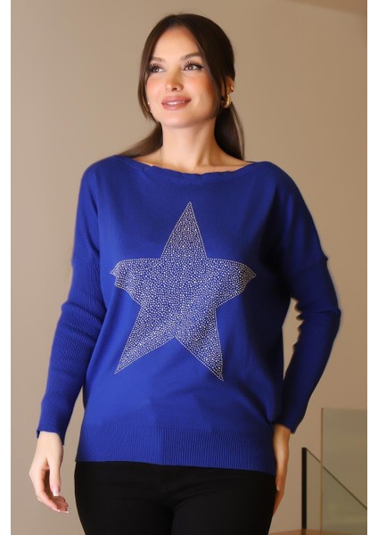 Taşlı Yıldız Baskılı Saks Kadın Triko Kazak 602-2K5 fırsatları