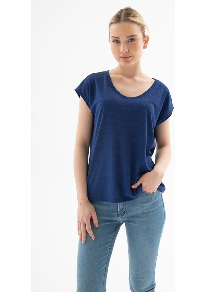 Sıfır Yaka Kısa Kollu Saks Kadın Bluz 0202-2Y5 modelleri