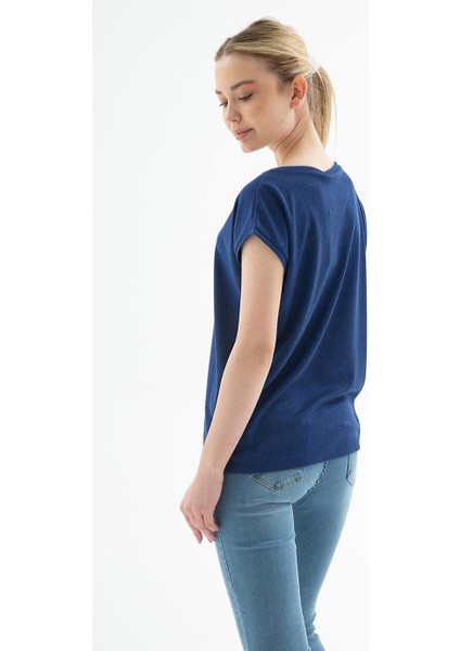 Sıfır Yaka Kısa Kollu Saks Kadın Bluz 0202-2Y5 fırsatları