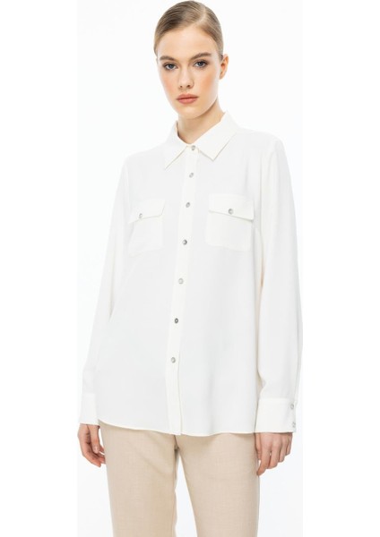 Çift Kapak Cepli Düğmeli Ekru Kadın Bluz 3026-2Y5