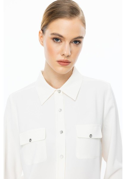 Çift Kapak Cepli Düğmeli Ekru Kadın Bluz 3026-2Y5 modelleri