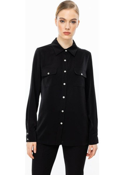 Çift Kapak Cepli Düğmeli Siyah Kadın Bluz 3026-2Y5
