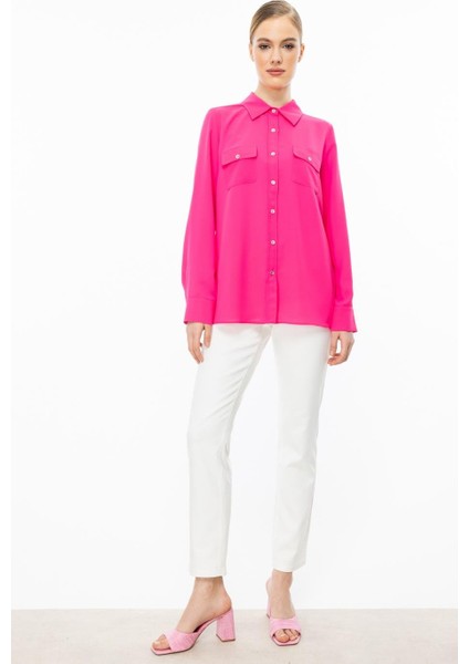 Çift Kapak Cepli Düğmeli Pembe Kadın Bluz 3026-2Y5