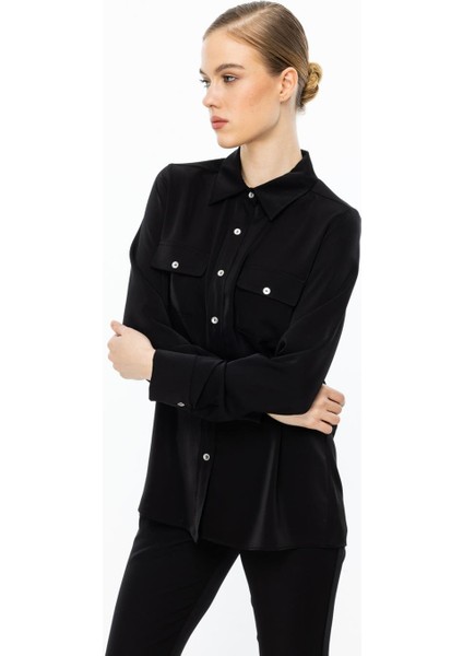 Çift Kapak Cepli Düğmeli Siyah Kadın Bluz 3026-2Y5 fiyatları