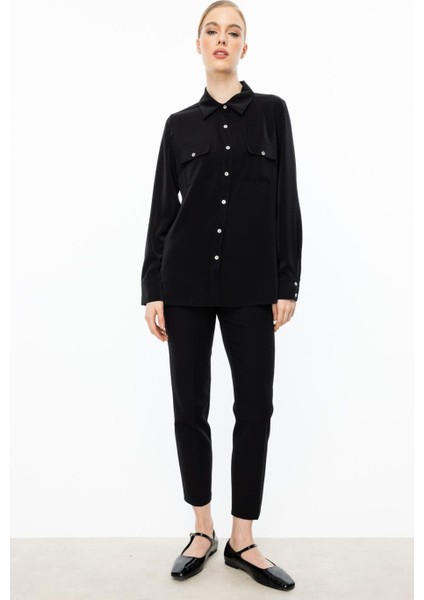 Çift Kapak Cepli Düğmeli Siyah Kadın Bluz 3026-2Y5 modelleri
