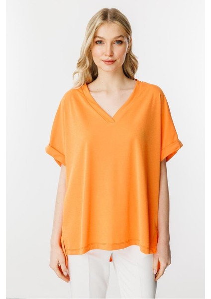 V Yaka Arkası Uzun Turuncu Kadın Bluz 30340-2Y5