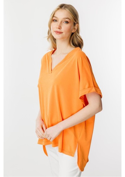V Yaka Arkası Uzun Turuncu Kadın Bluz 30340-2Y5 fiyatları