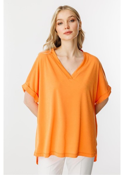V Yaka Arkası Uzun Turuncu Kadın Bluz 30340-2Y5 modelleri