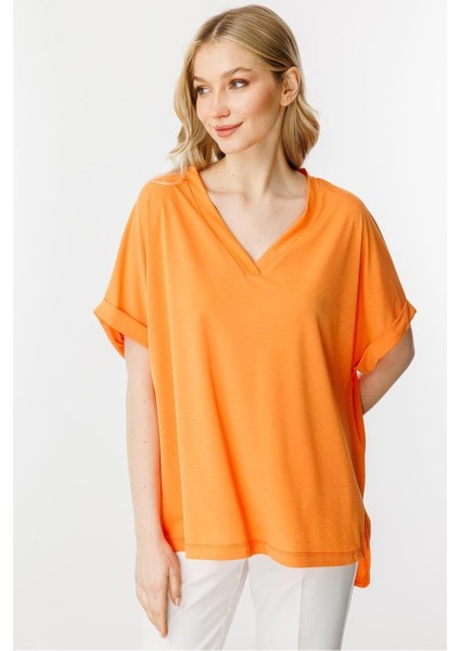 V Yaka Arkası Uzun Turuncu Kadın Bluz 30340-2Y5 fırsatları