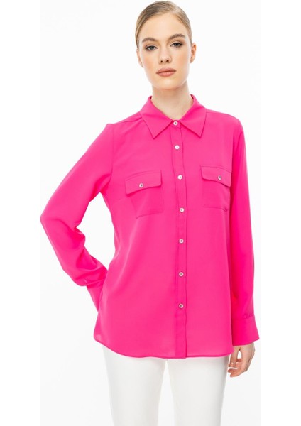 Çift Kapak Cepli Düğmeli Pembe Kadın Bluz 3026-2Y5 fiyatları