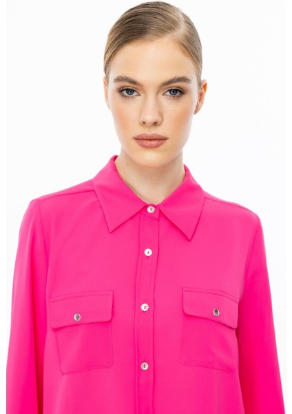 Çift Kapak Cepli Düğmeli Pembe Kadın Bluz 3026-2Y5 fırsatları