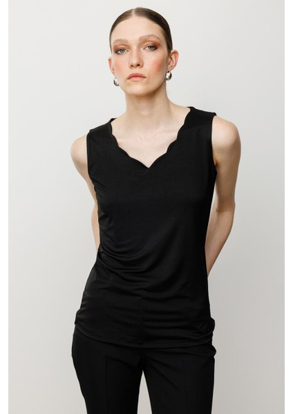 Dilim Yaka Basic Siyah Kadın Bluz 51315-2Y5