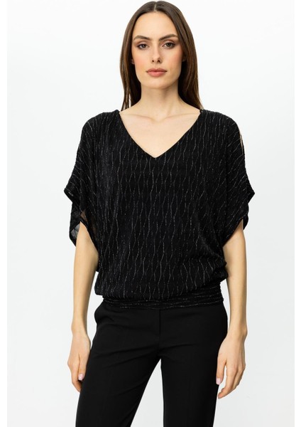 V Yaka Simli Kumaş Siyah Kadın Bluz 51344-2Y5