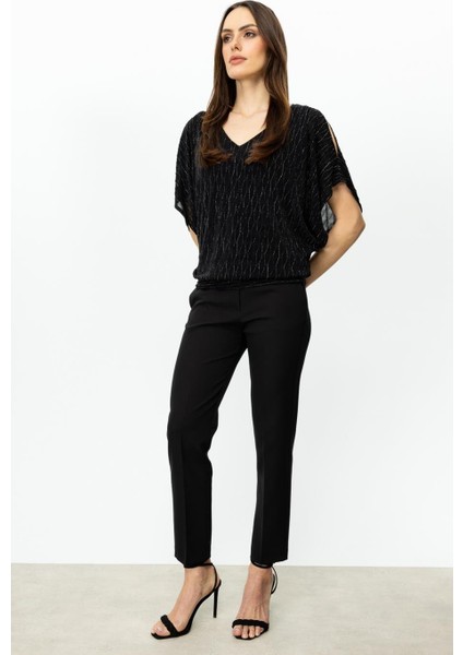 V Yaka Simli Kumaş Siyah Kadın Bluz 51344-2Y5 fiyatları