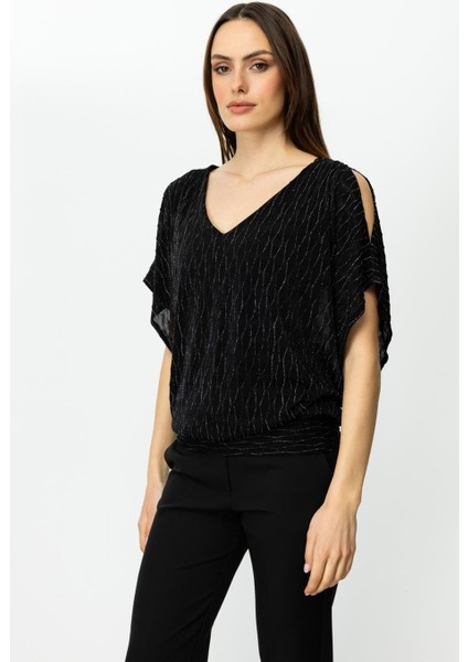 V Yaka Simli Kumaş Siyah Kadın Bluz 51344-2Y5 modelleri