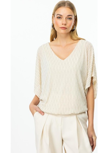V Yaka Simli Kumaş Krem Kadın Bluz 51344-2Y5