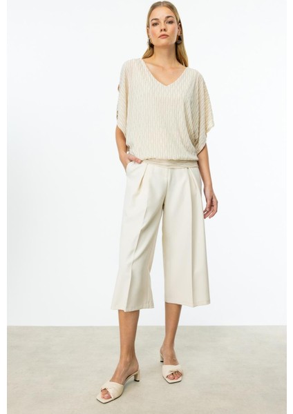 V Yaka Simli Kumaş Krem Kadın Bluz 51344-2Y5 fiyatları