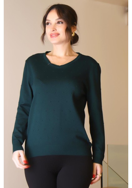 V Yaka Uzun Kollu Zümrüt Kadın Triko Kazak 5633-2K5