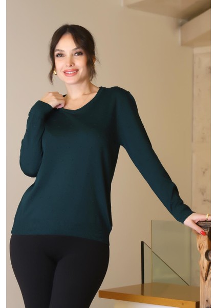 V Yaka Uzun Kollu Zümrüt Kadın Triko Kazak 5633-2K5 fiyatları