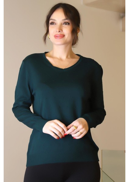 V Yaka Uzun Kollu Zümrüt Kadın Triko Kazak 5633-2K5 modelleri