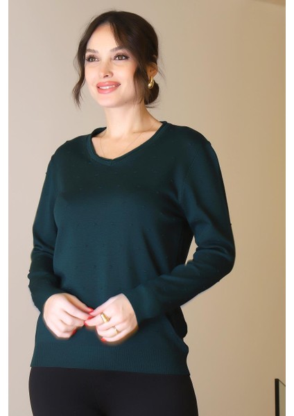 V Yaka Uzun Kollu Zümrüt Kadın Triko Kazak 5633-2K5 fırsatları