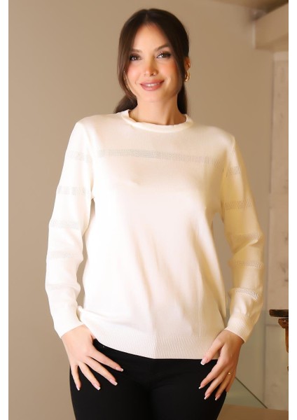 Bisiklet Yaka Ekru Kadın Triko Kazak 5631-2K5