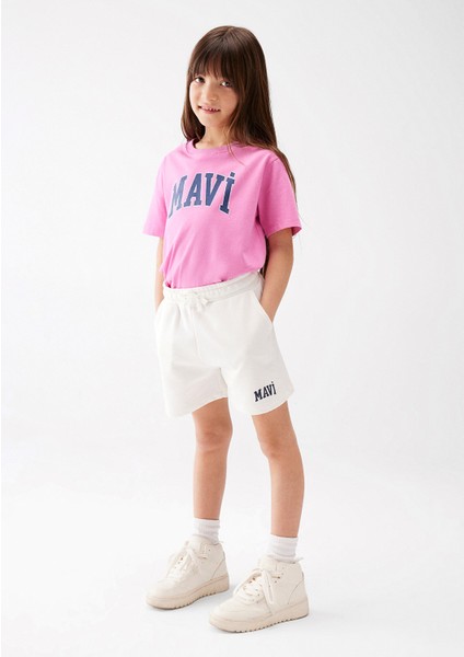 Mavi Logo Baskılı Beyaz Şort 7410002-70057