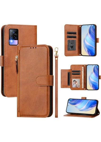 Vıvo V20/V21E 4g Için Flip Kılıf Koruma Yumuşak Pu Deri Fermuarlı Cüzdan Kılıfı Kart Tutucu ile (Yurt Dışından)