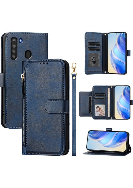 Samsung Galaxy A21 Için Flip Kılıf Koruma Yumuşak Pu Deri Fermuarlı Cüzdan Kılıfı Kart Tutucu ile (Yurt Dışından)
