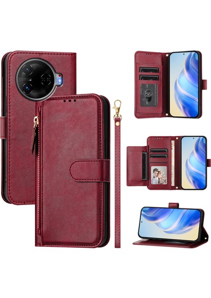 Tecno Camon 30 Pro 5g Için Flip Kılıf Koruma Yumuşak Pu Deri Fermuarlı Cüzdan Kılıfı Kart Tutucu ile (Yurt Dışından)