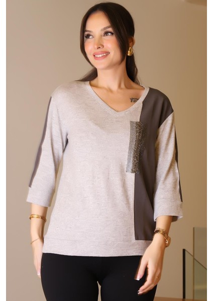 V Yaka Kumaş Detaylı Gri Kadın Bluz 00726-2K5