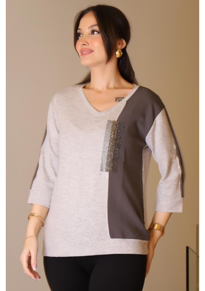 V Yaka Kumaş Detaylı Gri Kadın Bluz 00726-2K5 fiyatları