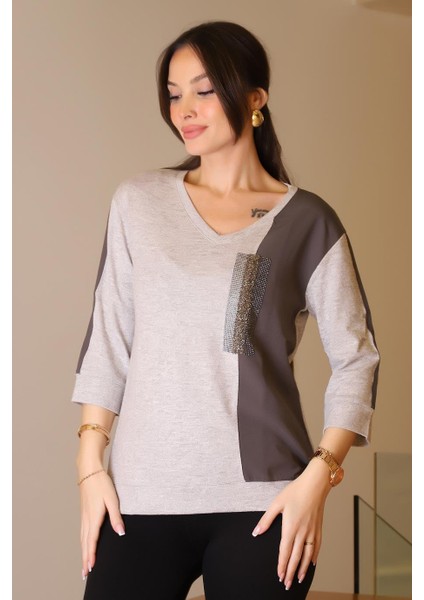 V Yaka Kumaş Detaylı Gri Kadın Bluz 00726-2K5 modelleri