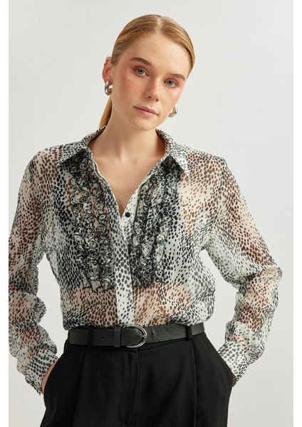 Uzun Kollu Fırfırlı Siyah Kadın Gömlek 5SAK60185UW-2Y5