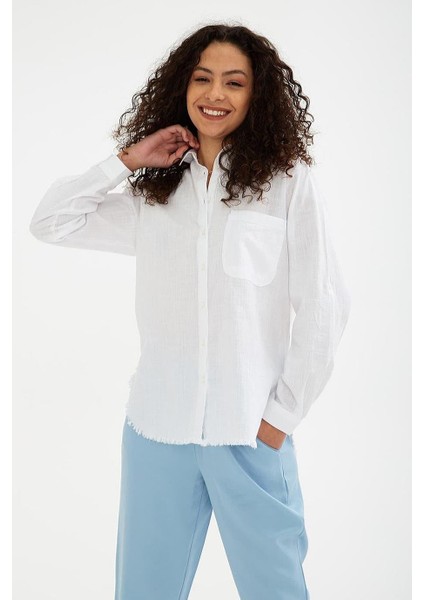 Uzun Kollu Cepli Beyaz Kadın Gömlek 0390-2Y5