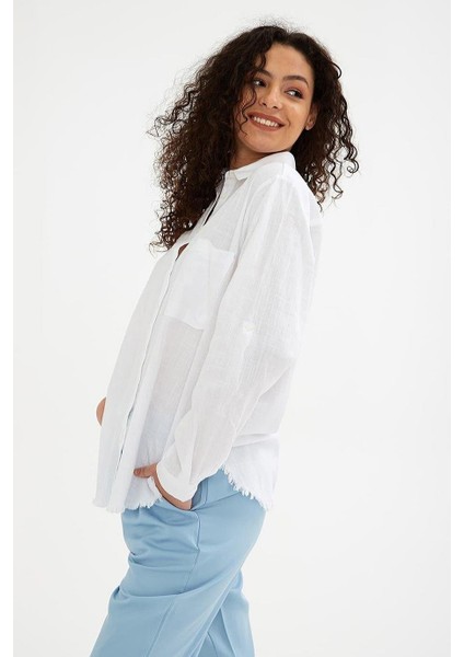 Uzun Kollu Cepli Beyaz Kadın Gömlek 0390-2Y5 fiyatları