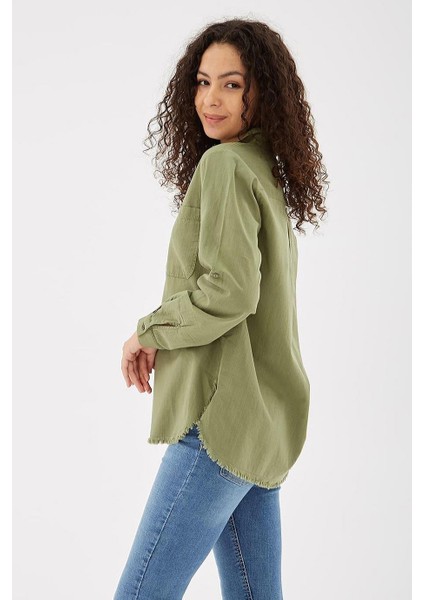 Uzun Kollu Cepli Haki Kadın Gömlek 0390-2Y5