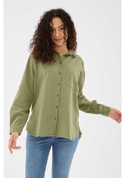 Uzun Kollu Cepli Haki Kadın Gömlek 0390-2Y5 fırsatları