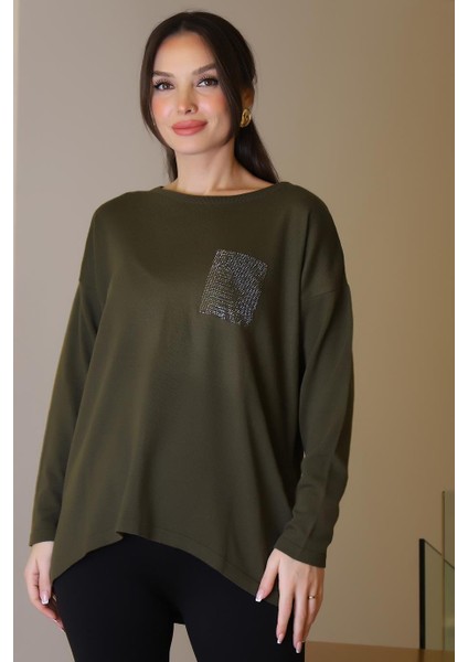 Sıfır Yaka Salaş Haki Kadın Bluz 00727-2K5