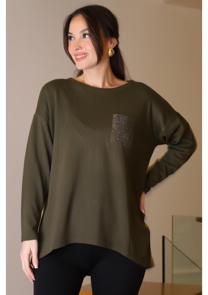 Sıfır Yaka Salaş Haki Kadın Bluz 00727-2K5 modelleri